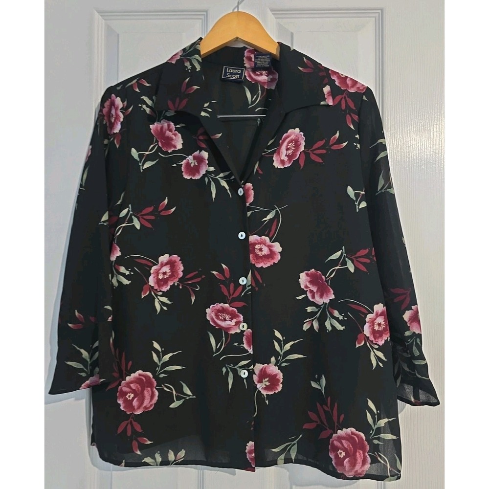 Laura Scott Women Floral Sheer Chiffon 3/4 Sleeve Button-Up Shirt Black Size 14